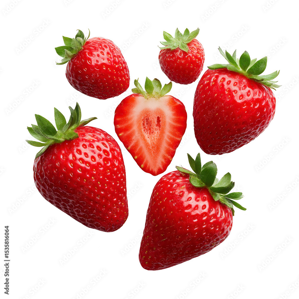 Aufkleber fresh strawberries arranged creatively with one sliced in half, revealing its juicy interior. vibran
