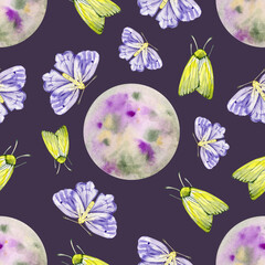 Seamless pattern Watercolor moon and moth, night butterfly background. Hand-drawn night luna light object sky elements space. Wallpaper., wrapping, clipart, sketchbook, design