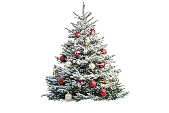 Decorated fir tree dusted with snow isolated on white background or png background or transparent background.