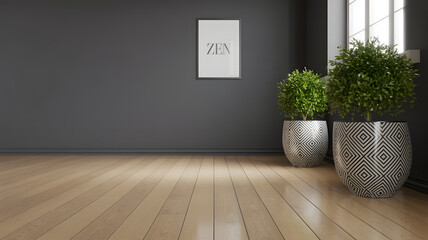 Modern minimalist room interior design with hardwood floors grey walls and geometric planters featuring lush green plants.