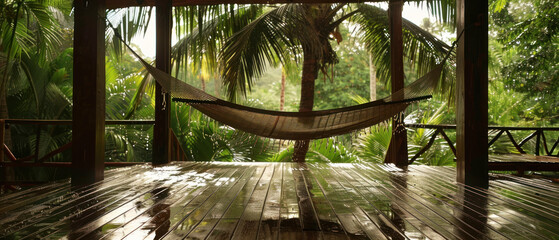 Tropical hammock on rainy wooden deck in jungle
