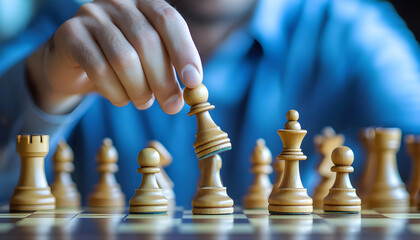 Businessman moving chess piece on chess board top view. Chess game, strategy, success, leadership, victory concept. Strategic planning, intelligence, business, challenge, competition, teamwork