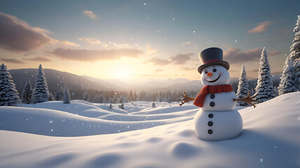 Fototapeta premium 3D Christmas holiday scene with snowman, tree and pastel frame potted background