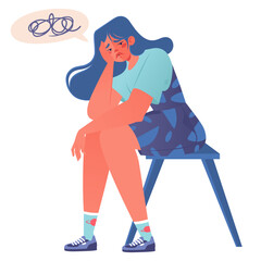 Sad young girl sits on stool in sad pose, with her shoulders slumped and her head resting on her back. Bubble next to her symbolizes confused thoughts or accumulated problems. 