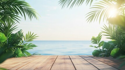 Tropical beach scene with wooden deck.