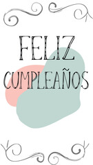 Spanish birthday greeting with elegant lettering and decorative floral flourishes on transparent background