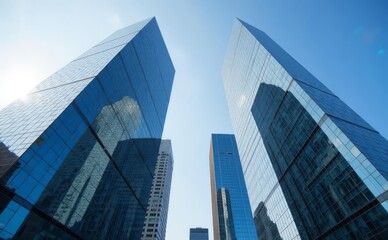 Fototapeta premium Modern City With Long skyscraper sunlight from sky 