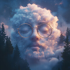 Surreal Cloud Face with Glasses
