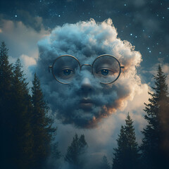 Surreal Cloud Face with Glasses
