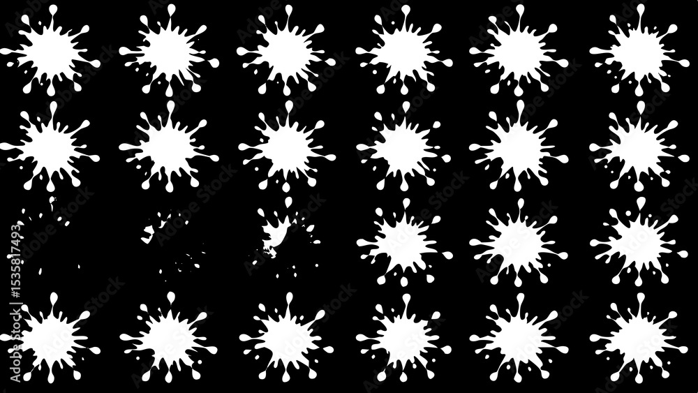 Poster white splatter paint effect collection with abstract shapes displayed on a black background in a gri