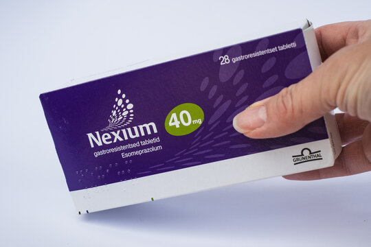 Tallinn, Estonia - June 15, 2025: Nexium tablets by Grunenthal for treating Gastroesophageal reflux disease. Medicine or pharmacy concept.