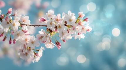 Obraz premium Delicate cherry blossoms bloom on a branch against a soft blue background