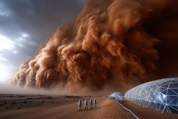 Dust storm approaches colonists sheltering in domes on a distant planet during an uncertain day