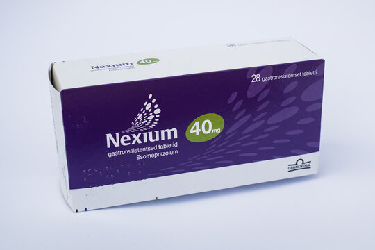 Tallinn, Estonia - June 15, 2025: Nexium tablets by Grunenthal for treating Gastroesophageal reflux disease. Medicine or pharmacy concept.