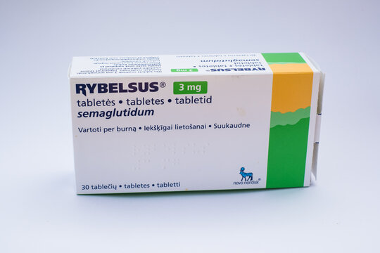 Tallinn, Estonia - June 15, 2025: Rybelsus tablets by Novo Nordisk for treatment of type 2 diabetes mellitus in adults as an adjunct to diet and exercise. Medicine or pharmacy concept.