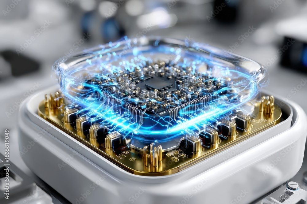 Poster advanced microchip design showcasing energy flow in a technology lab setting