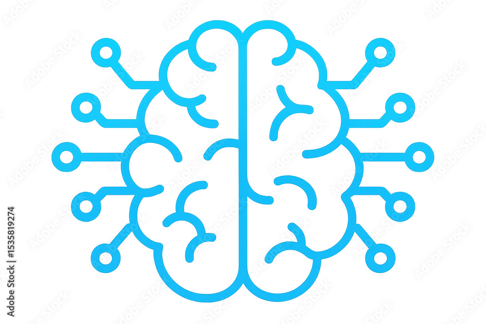 Poster light blue brain outline receiving data through electronic connections, isolated on transparent back