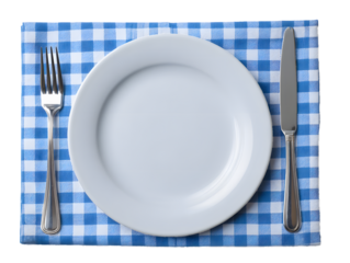 Elegant White Plate with Cutlery on Blue Gingham Placemat, transparent background