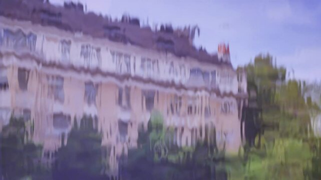 Rain water flowing on wet window glass during bad weather in a city. Emotional 3d animation background concept for some project. 