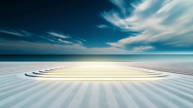 Gentle waves of sand undulate in perfect harmony, leading the eye toward a distant horizon. The tranquil scene offers peace, inviting contemplation and reflection by the ocean.