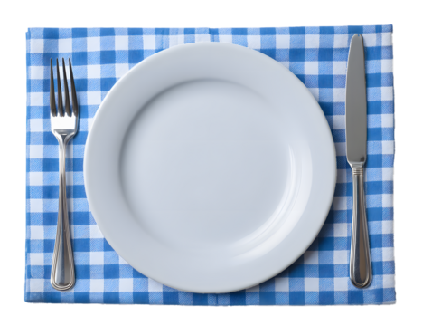 Elegant White Plate with Cutlery on Blue Gingham Placemat, transparent background - Powered by Adobe