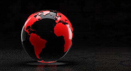 Planet Earth model, 3d, transparent globe with red continents on minimalistic black background, with space for text