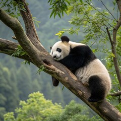 Fototapeta premium Sleeping Panda on Tree Branch