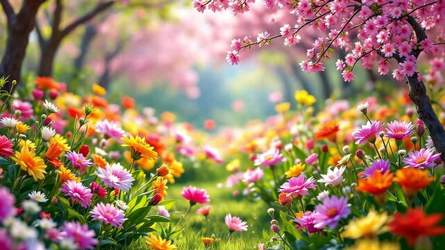 Spring Garden Animation in Soft Pastel Colors with Blooming Flowers and Cherry Blossom Trees for Nature and Seasonal Concepts Video
