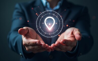 businessman Showing A Location Logo or sign Glowing, Globalization and geo location concept with digital pin point symbol over man open palms

