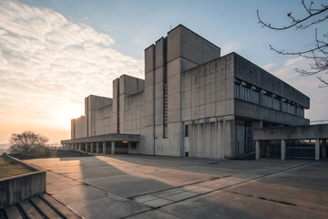 Brutalist Concrete Building at Sunset with Dramatic Shadows and Empty Foreground