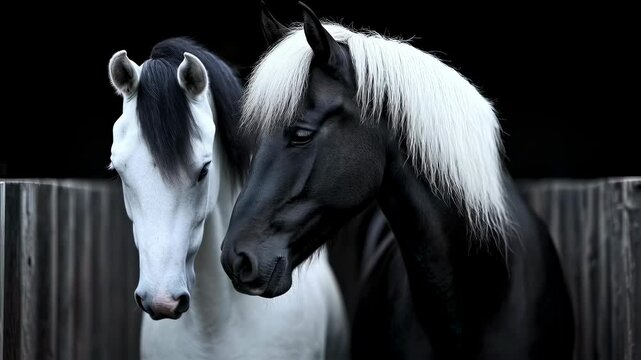 Graceful interaction between two horses with elegant manes in a serene setting
