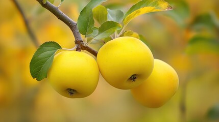 Vibrant yellow apples hanging on a branch.