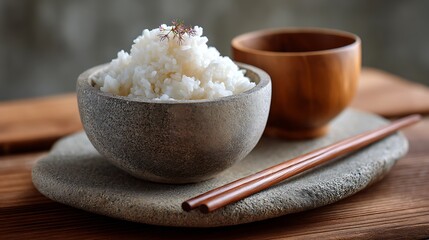 Steaming White Rice in a Stone Bowl with Wooden Chopsticks and Cup