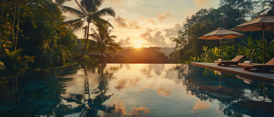 Jungle Infinity Pool with Loungers at Sunset

