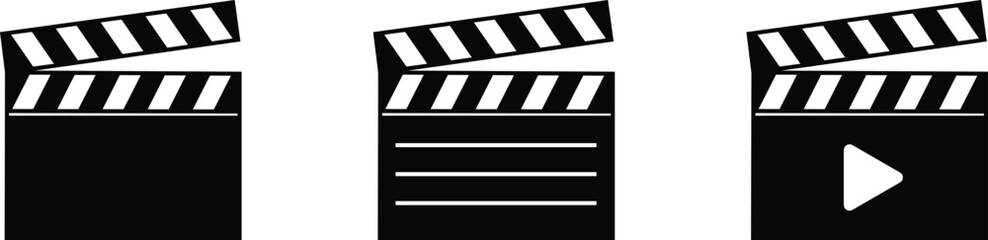 Film clapper board icon set. Open and closed movie clapper vector illustration isolated on transparent background. Movie, cinema, film symbol concept. Filmmaking, video production industry equipment.