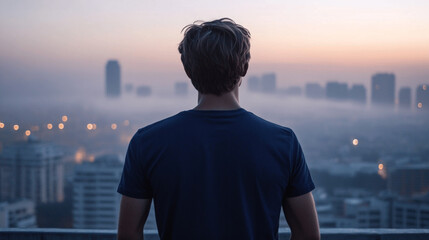 Fototapeta premium At dawn, a 30 year-old European man, dressed in a regular fit navy black sleeve T-shirt stands on a rooftop, observing the city skyline with the wind blowing his shirt and a soft mist in the backgroun