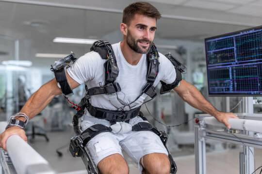 Man using advanced exoskeleton technology in a training facility