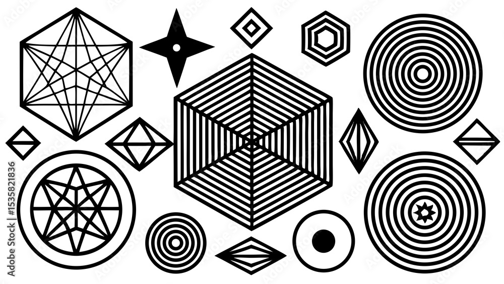 Poster geometric shapes and patterns in monochrome featuring lines and curves creating optical illusions su