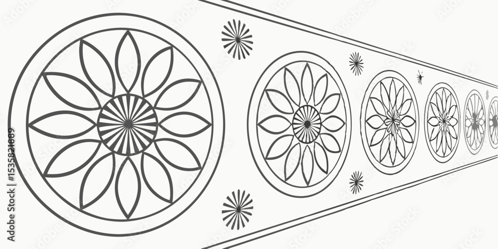 Poster perspective view of repeating floral design with radial elements suitable for fabric or wallpaper pa