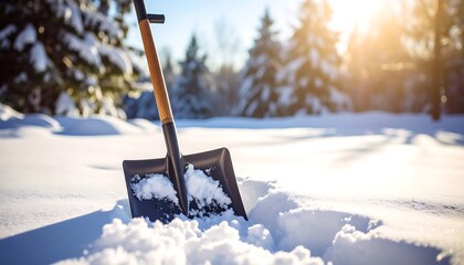 Snowy winter scene with shovel