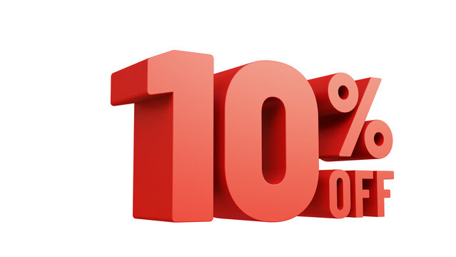 3D render red text 10 percent off isolated background. Off 10 percent. Sale, bonus, promotion or discount concept. Sale banner.