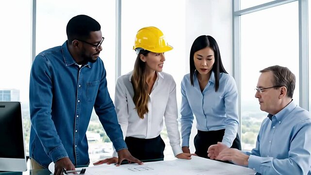 a diverse group of four professionals, two men and two women, gathered around a large architectural blueprint on a table in a modern office with large windows. The men are wearing casual attire, one i