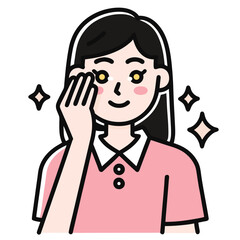 Smiling fair skinned girl touches face as sparkly stars surround her image