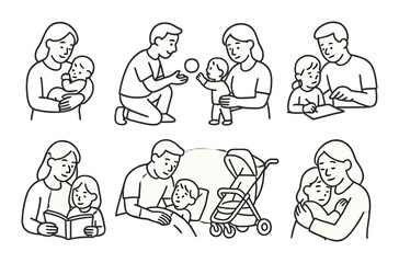 Parenting moments in linear style: holding baby, playing with child, feeding baby, teaching child, reading book, bedtime routine, stroller walk, comforting hug.
