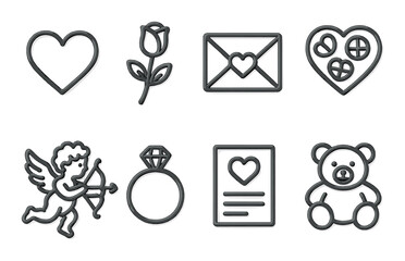 Valentine&rsquo;s day linear icons: heart, rose, envelope, chocolate box, cupid, ring, love letter, teddy bear.
