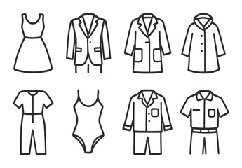 Clothing icons linear style: dress, suit, coat, raincoat, jumpsuit, swimwear, pajamas, uniform.