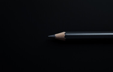 close-up, top-view image of a black pencil placed on a black background. The fine details and textures of the pencil are captured with stunning clarity, showcasing its sleek design and sharp point. Th