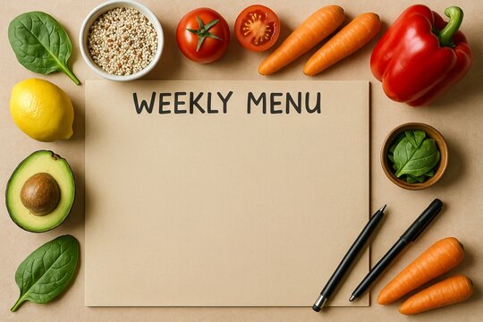 Blank weekly menu planner surrounded by fresh vegetables and healthy ingredients on kitchen table. Concept of meal planning, clean eating, food organization, copy space, mockup