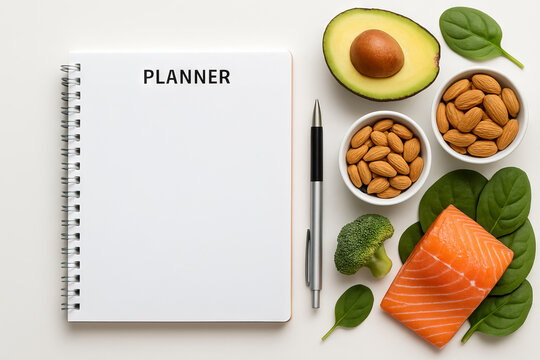open planner with fresh ingredients including avocado, almonds, and salmon on a white background. concept of health planning, nutritional diet, organization, mockup, copy space, white background