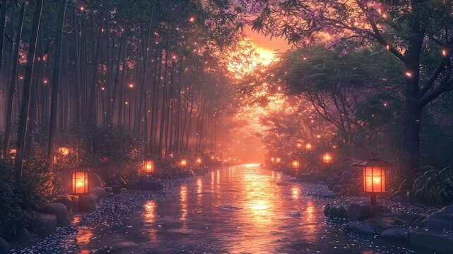 Enchanting sunset over a lantern-lit stream in a mystical bamboo forest